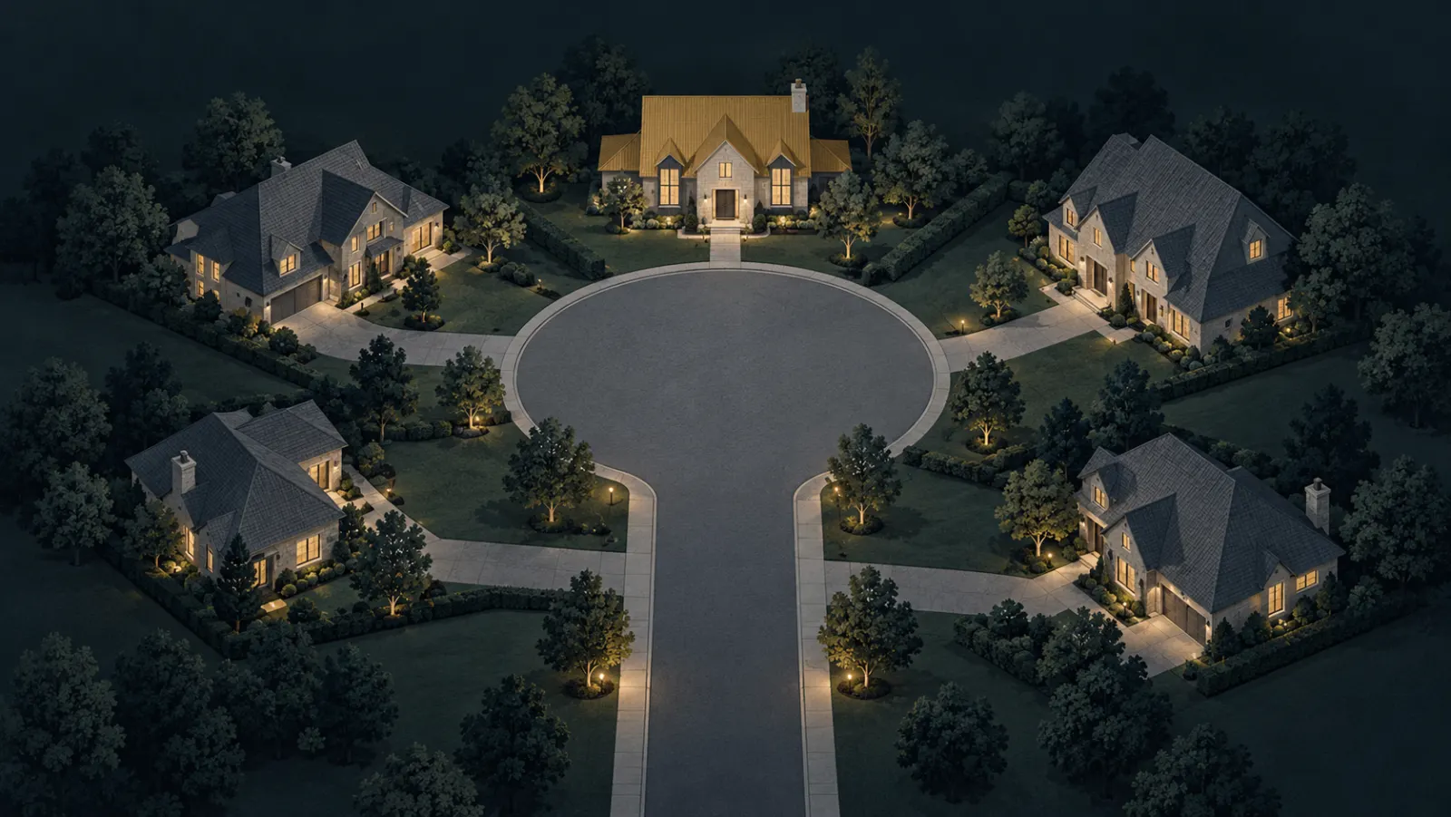 Illustration of a cul-de-sac with a straight stem ending in a round turning circle surrounded by houses