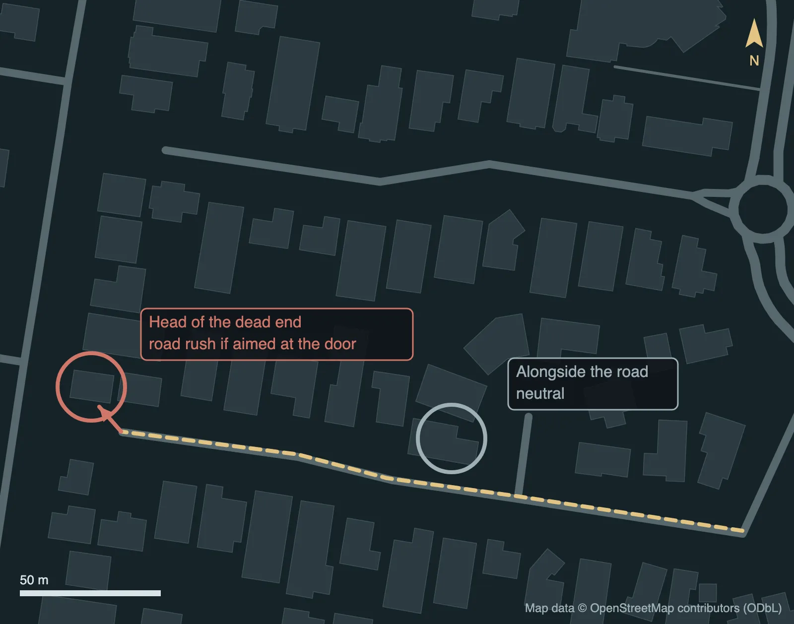 Annotated real street map of a dead-end street with the house at its head and a house alongside circled
