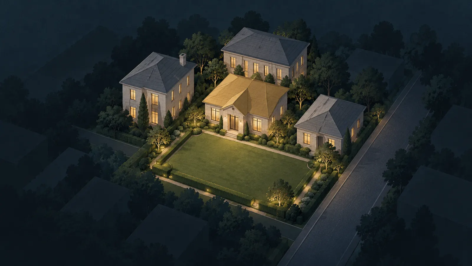 Illustration of a house with open space in front, a taller building behind and neighbours on either side