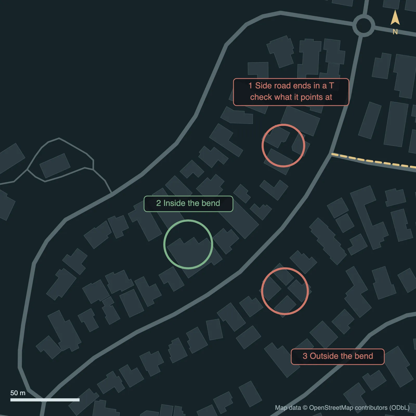 Annotated real street map showing a T-junction, a house inside a bend and a house outside it