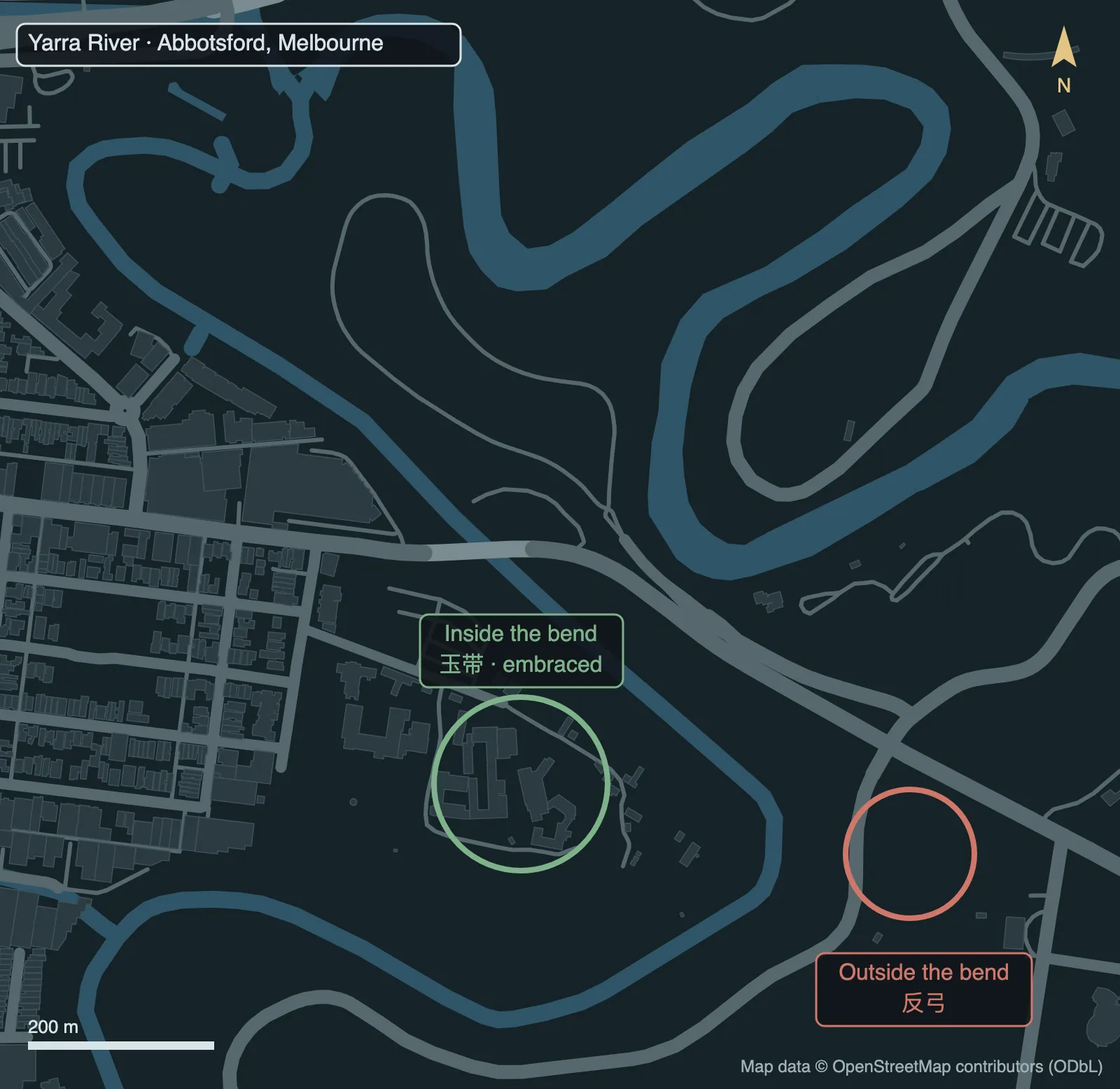 Annotated map of a bend in the Yarra River at Abbotsford, Melbourne, marking the inside and outside of the bend