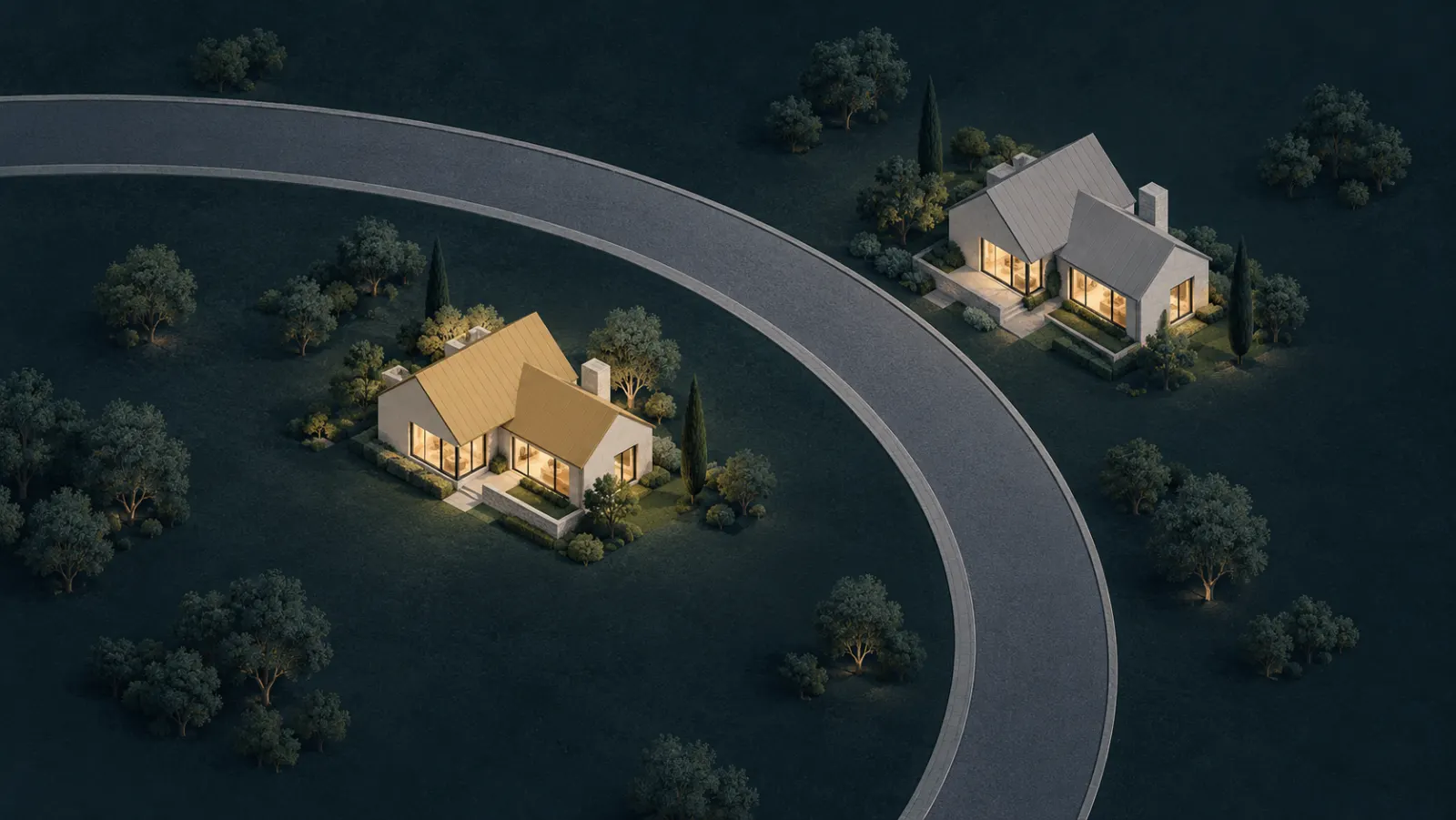 Illustration of a curved road with one house inside the bend and another outside it