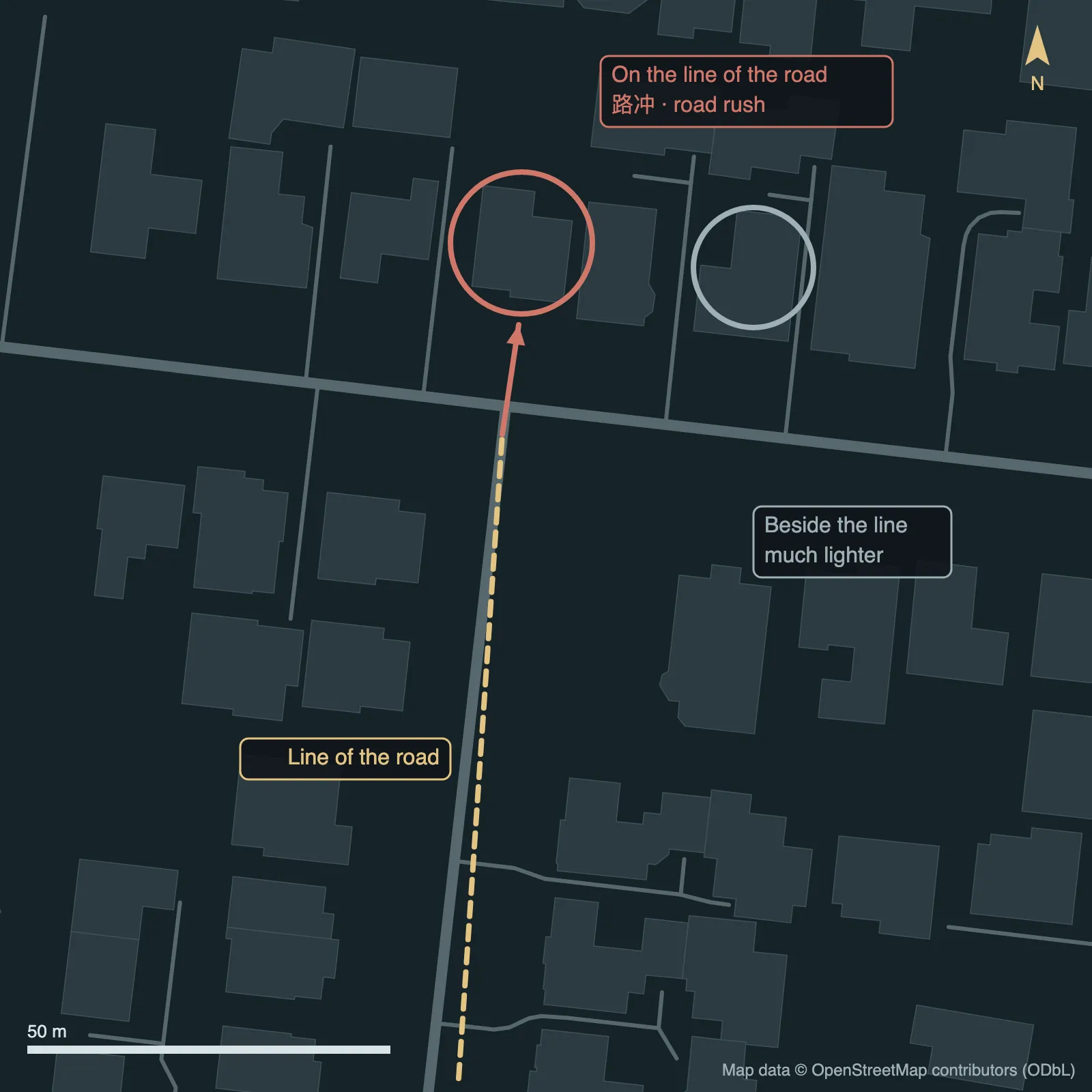 Annotated real street map of a T-junction with the house on the road's line circled