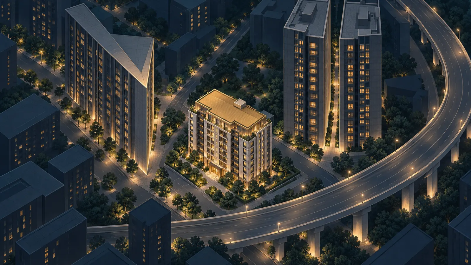 Illustration of a mid-rise building facing a sharp tower corner, a gap between two towers and a curving elevated road