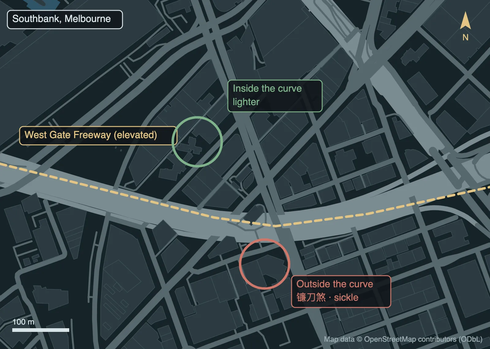 Annotated map of the elevated West Gate Freeway curving through Southbank, Melbourne